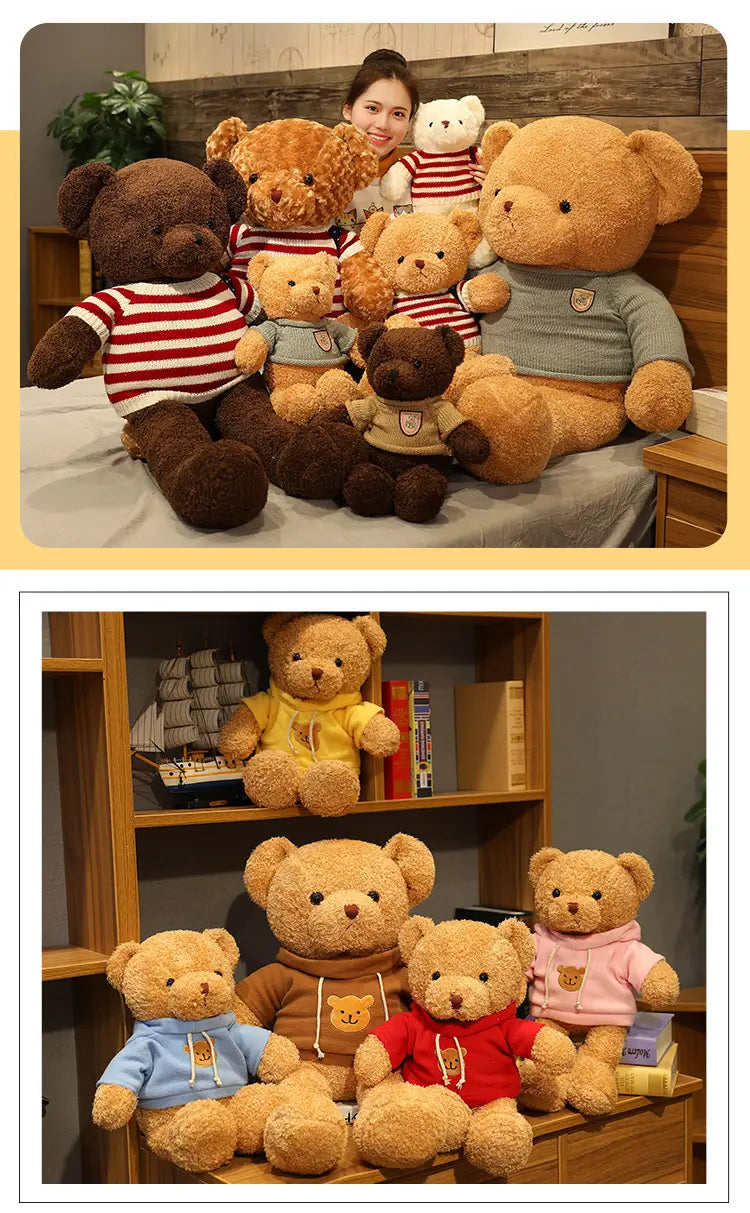 Plüschige Teddybär-Plüschtiere, weiche Stofftierpuppen, in verschiedenen Größen und Farben, gekleidet in gemütliche Kapuzenpullover und gestreifte Hemden.