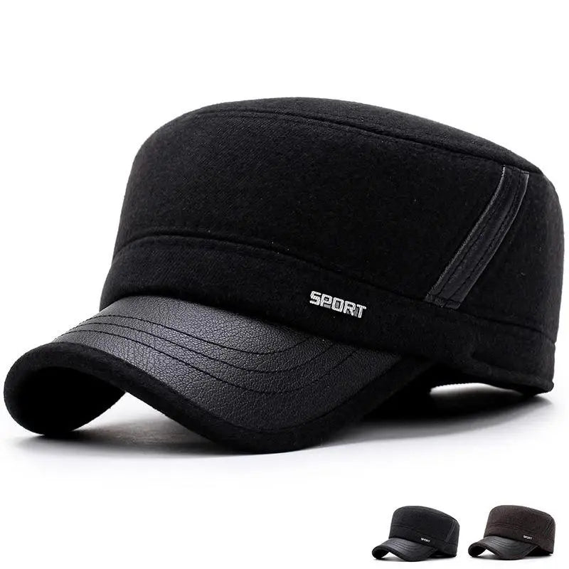 Men wool flat cap winter hat in black with textured fabric crown and faux leather trim featuring subtle stitching details.