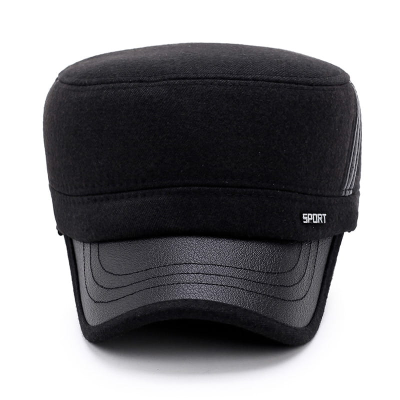 Black men wool flat cap with fabric top and faux leather trim featuring sport branding on the side for winter use.