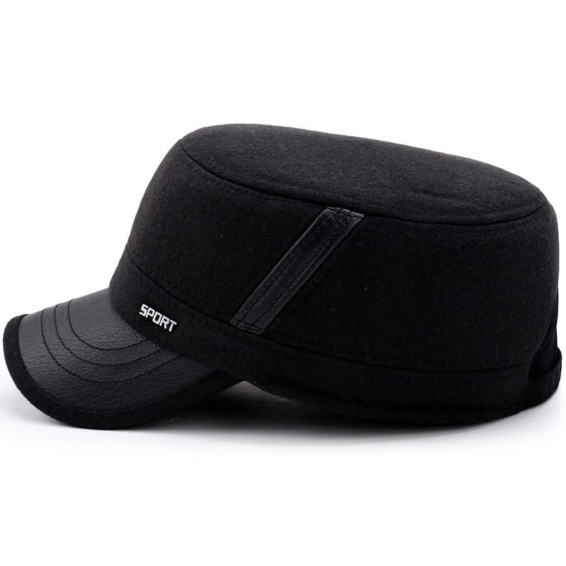 Men wool flat cap leather trim winter hat in black wool with a structured brim and sport embroidered on the side.