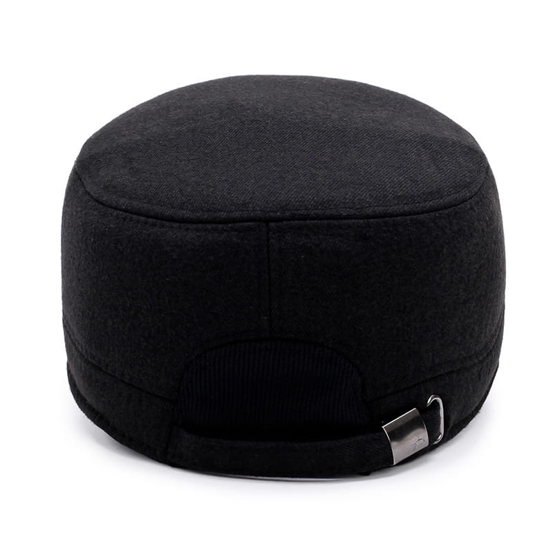 black woolen men wool flat cap with rounded crown and adjustable leather strap for winter use showing back side