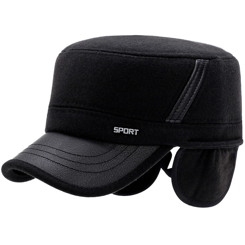 Black men wool flat cap with leather trim featuring a textured fabric crown, leather-like brim, and ear flaps ideal for winter use.