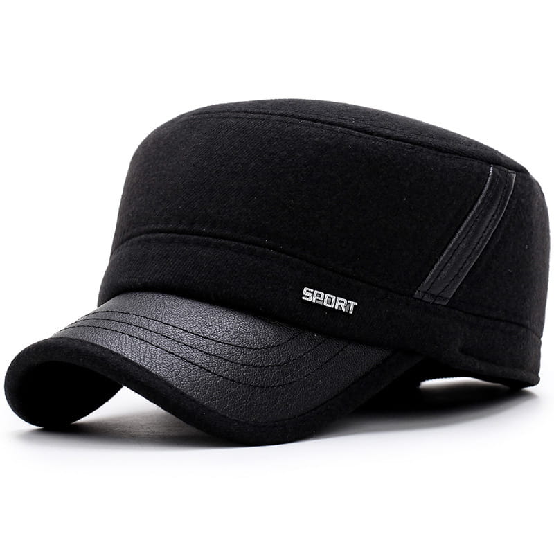 Men wool flat cap winter hat in black featuring a textured fabric crown and faux leather brim with side panel accents.