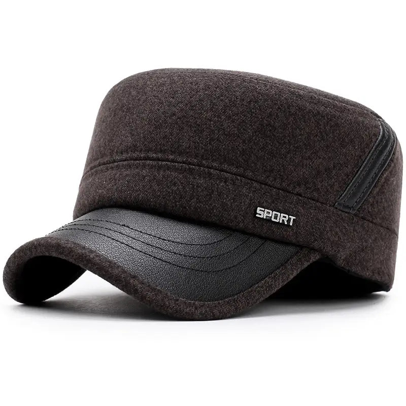 Men wool flat cap in dark brown wool blend with black leather trim and sport logo patch for winter wear.