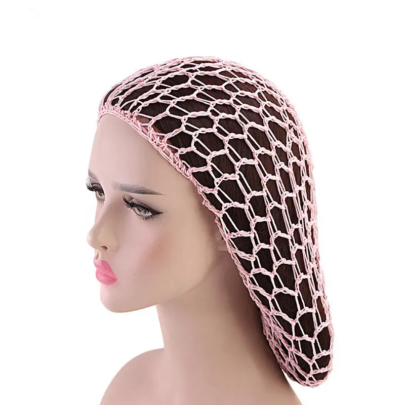 rosa gehäkelte Netz-Haube aus Maschenmaterial, entworfen als koreanische Langhaar-Snood-Mütze