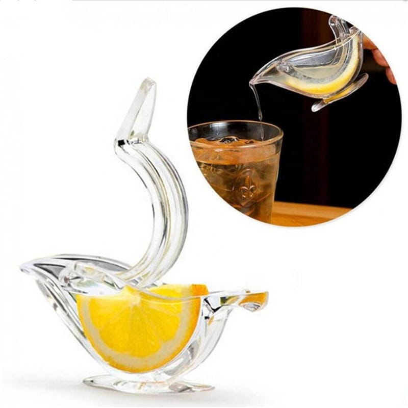 Presse-agrumes manuel en acrylique pour oiseau, avec presse-citron en verre transparent, outil pour agrumes, conception élégante et courbée, et bec intégré pour verser le jus.
