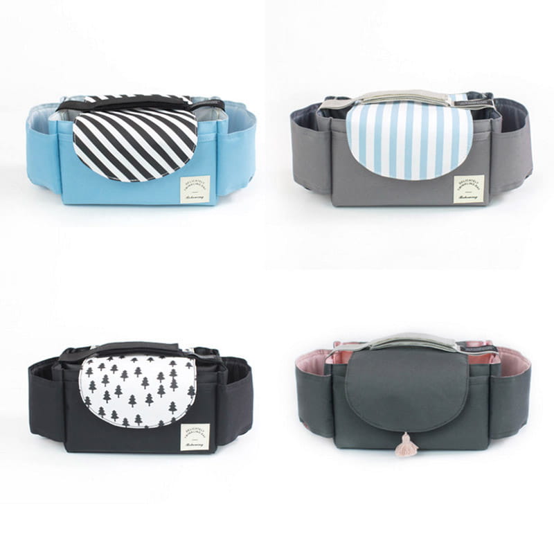 Stroller organizer bag with multi storage pockets featuring blue gray black and dark green baby carrier belts with striped and tree-patterned front panels.