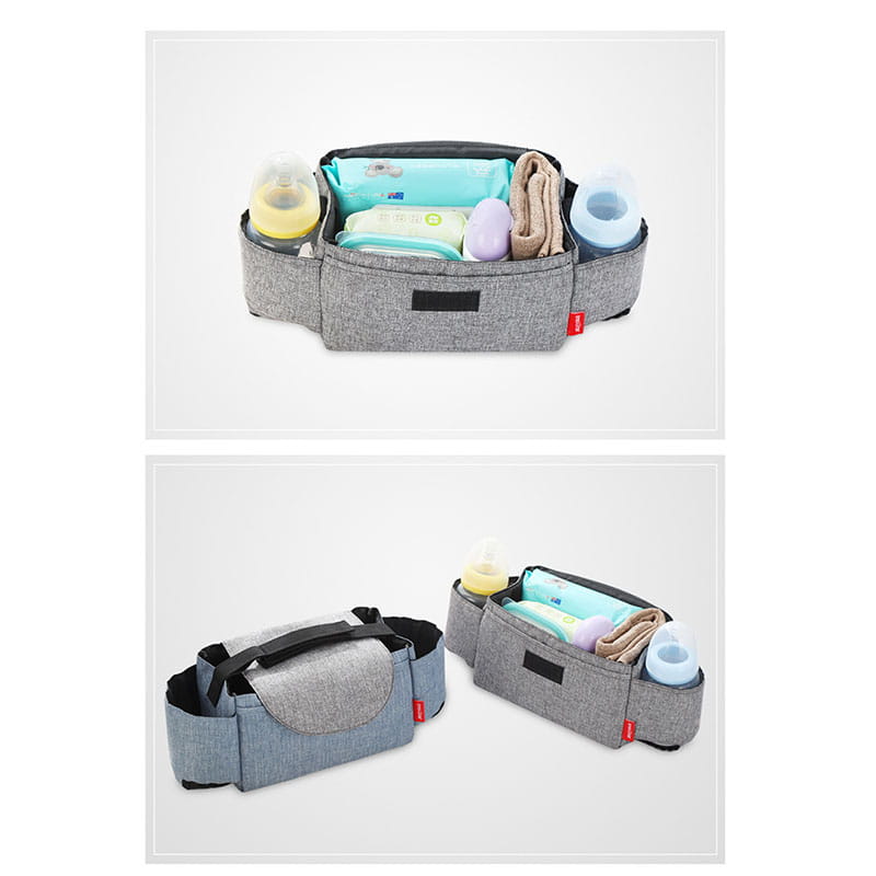 Gray textured fabric stroller organizer bag with multi storage pockets featuring multiple compartments and side bottle holders designed for car seats.