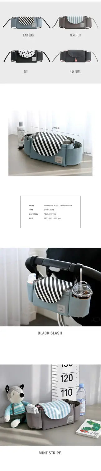 Light blue and black striped stroller organizer bag with multi storage pockets and cup holder for convenient baby strolling.