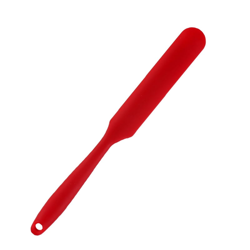 Red silicone baking spatula with a smooth rounded head and heat resistant handle featuring a hole in the end from the Silone baking spatula set colorful heat resistant tools.