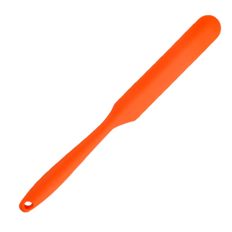 Bright orange silicone baking spatula with a smooth rounded handle and slightly tapered blade from the Silone baking spatula set colorful heat resistant tools.