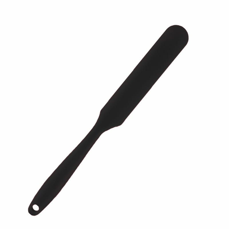 Black silicone spatula with smooth rounded head and handle featuring a hole at the end from the Silone baking spatula set colorful heat resistant tools.