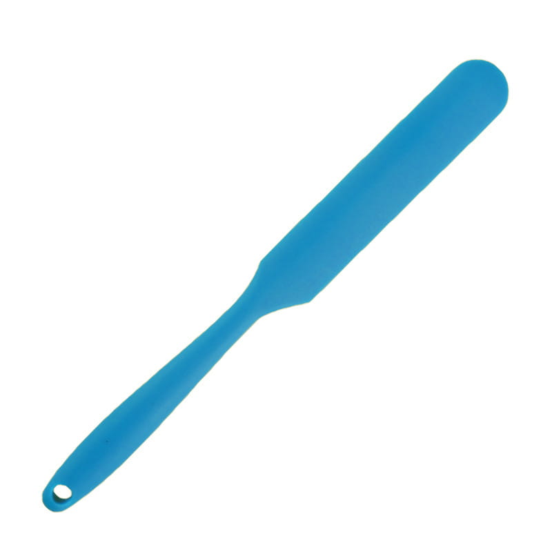 blue silicone baking spatula with a rounded handle and small hole at the end from the silone baking spatula set colorful heat resistant tools