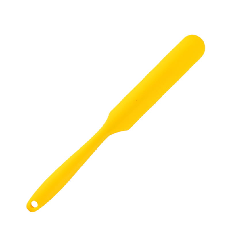 Bright yellow silicone spatula with a smooth rounded handle and slightly tapered blade from the Silone baking spatula set featuring colorful heat resistant tools.