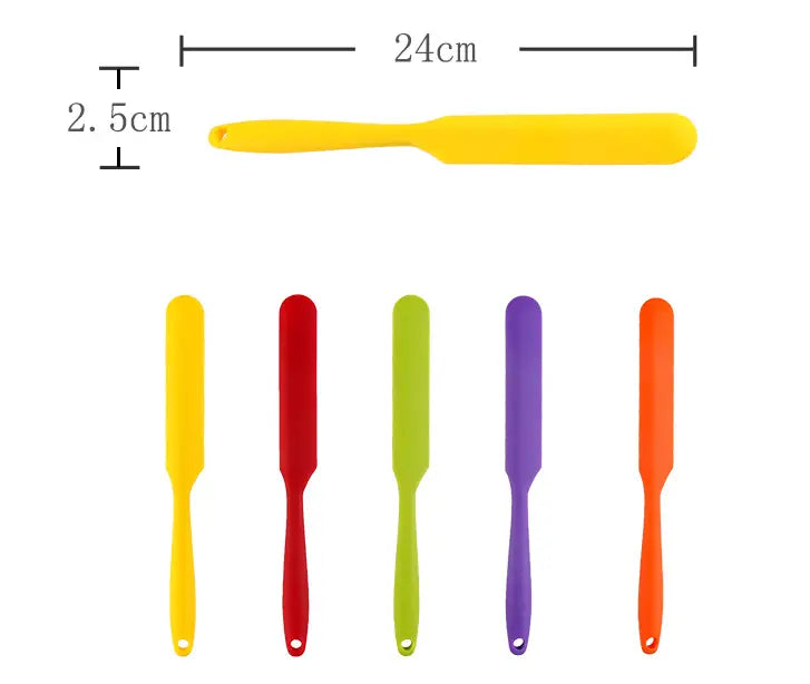 Yellow silicone spatula from the Silone baking spatula set featuring a 24cm length and 2.5cm width with a smooth flexible design ideal for heat resistant baking tasks.