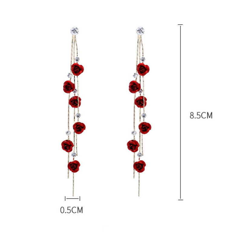 Elegant red rose tassel drop earrings feature silver-toned chains with clear crystal accents designed for sophisticated wear.