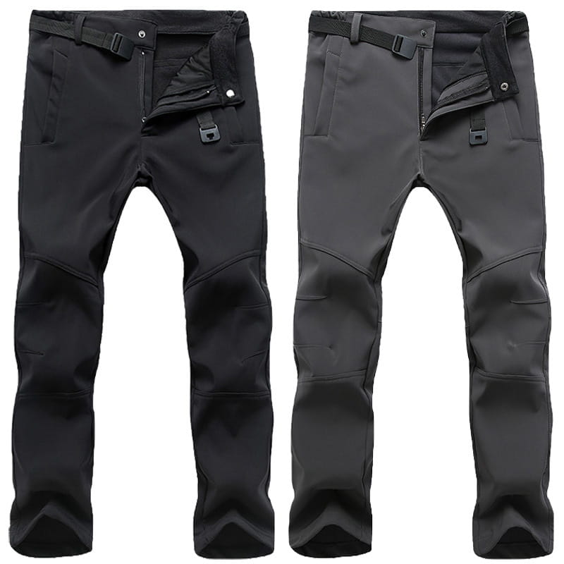 Black thermal waterproof hiking pants featuring reinforced knee panels and multiple zippered pockets for outdoor use