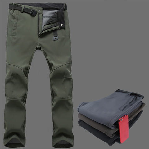 Thermal waterproof hiking pants in olive green with reinforced knee panels and a black belt looped at the waist.