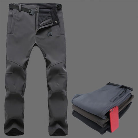 dark gray thermal waterproof hiking pants with reinforced knee panels and a black belt displayed from the front.