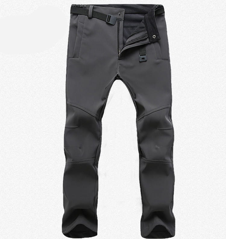 Black thermal waterproof hiking pants with reinforced knee panels made of durable water-resistant fabric