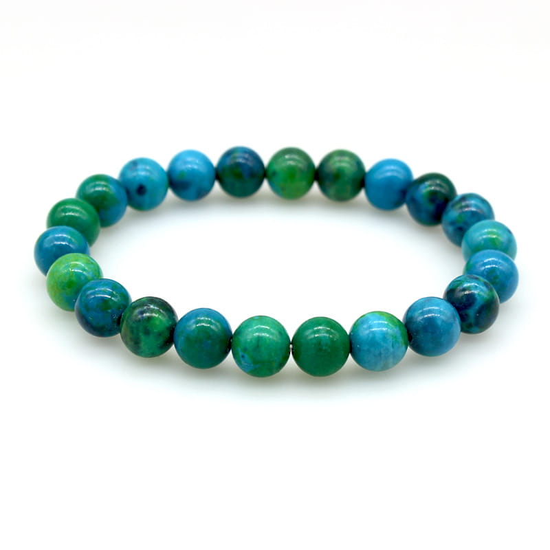 Handmade Phoenix Stone beaded energy bracelet featuring smooth round turquoise and green stones with a natural marbled pattern.