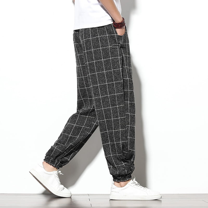 men plaid harem pants loose casual black and white checkered cotton joggers with elastic cuffs cropped trousers