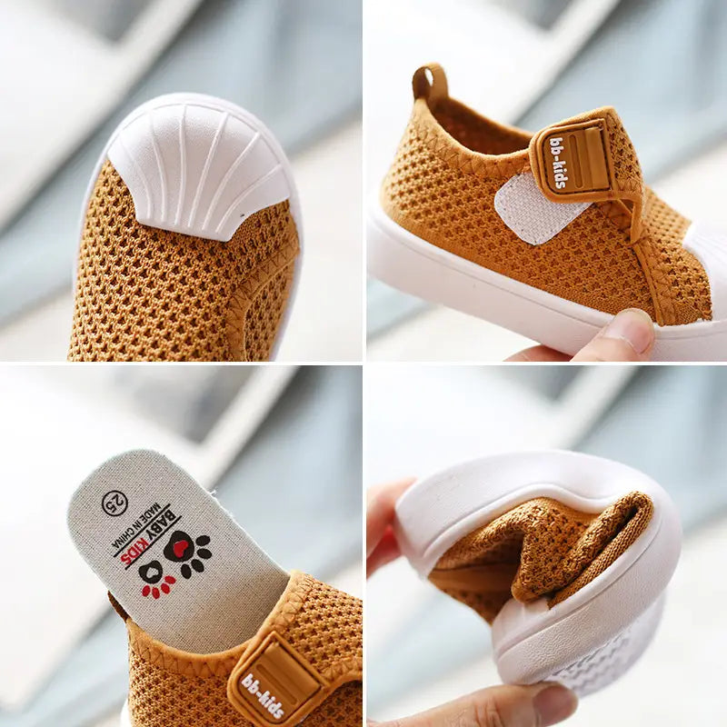breathable mesh slip on sneaker for toddlers and kids in tan with white rubber sole shell shaped toe cap and velcro strap closure