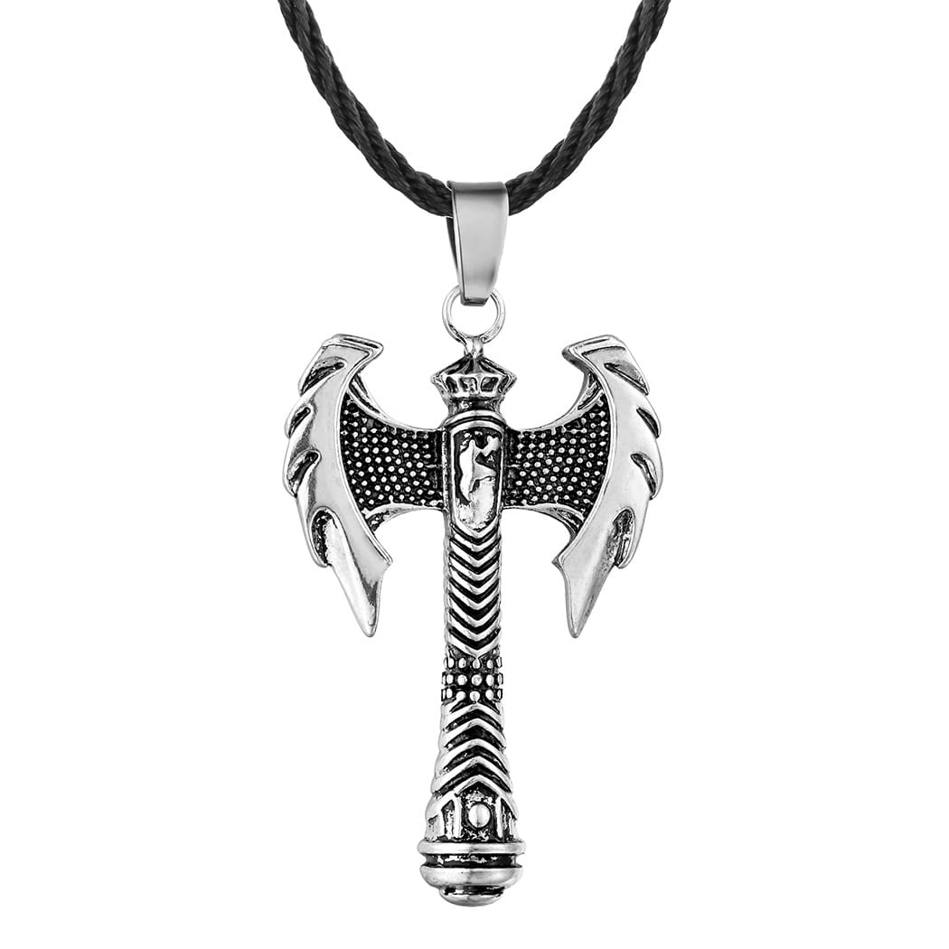 Silver axe-shaped pendant necklace with intricate detailing and black braided cord in a Viking style design