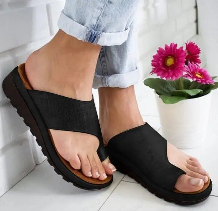 Women flat slide sandals open toe plus size 43 featuring black platform soles with a suede-like upper and brown insole.