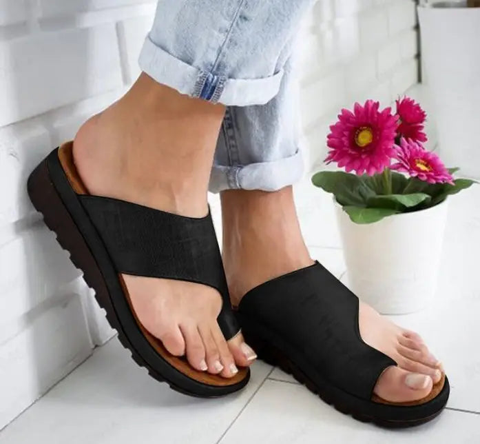 Black women flat slide sandals open toe plus size 43 with platform thick sole and soft textured upper material.