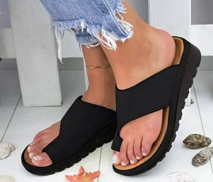 women flat slide sandals open toe plus size 43 featuring black platform thong design with a thick rubber sole and soft fabric straps.