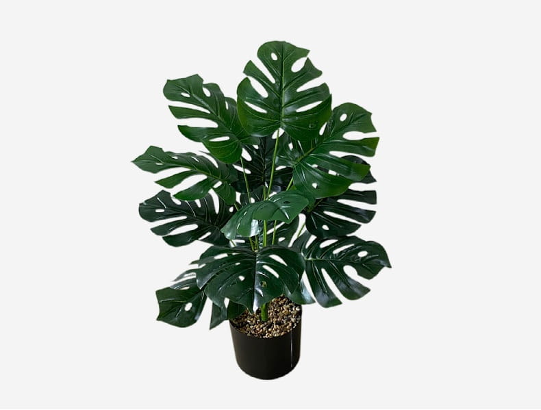 A lush dark green artificial monstera turtle leaf potted plant with glossy deeply lobed leaves in a sleek black pot for garden decor.