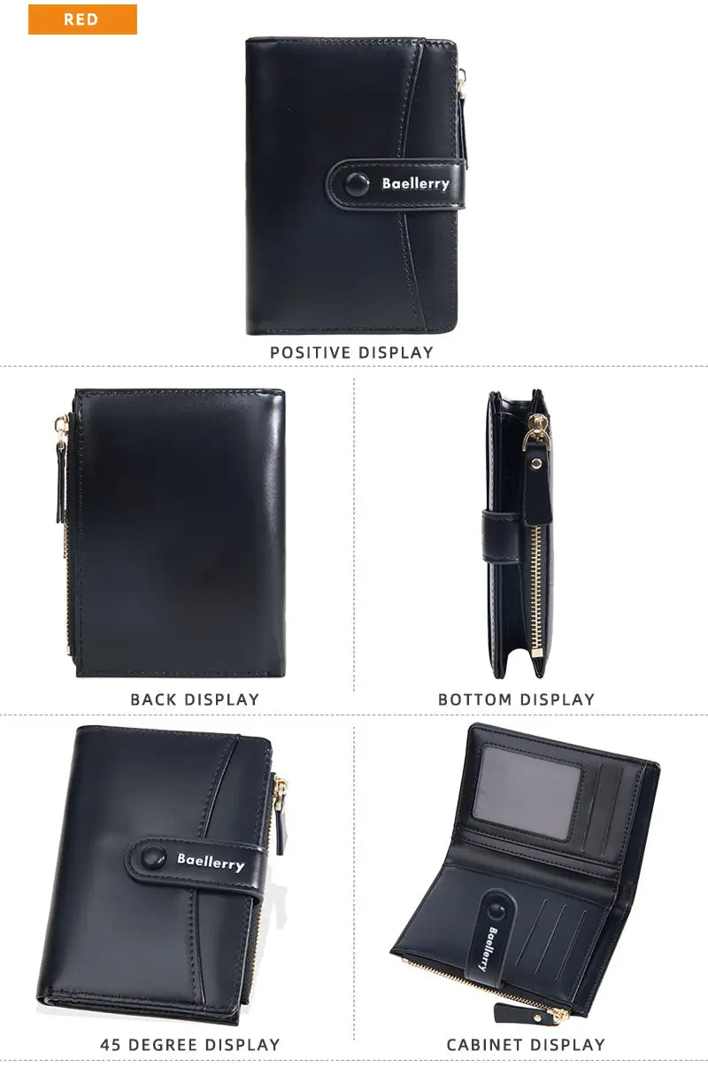 Cartera de mujer Baellerry de cuero negro con cierre mediante cremallera y nombre de la marca en relieve en la solapa, hecha de cuero PU.