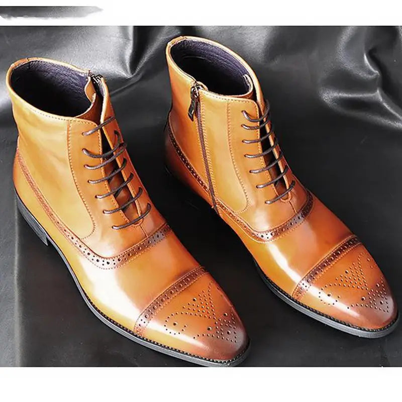 Pair of tan leather men winter brogue ankle boots with dark laces and inner side zipper designed for warmth and comfort.