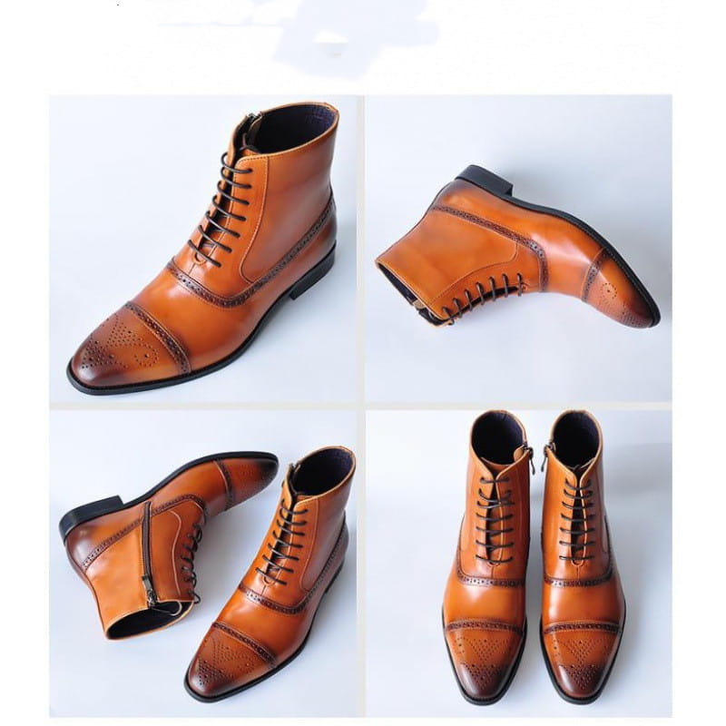 Men winter boots leather brogue plush warm shoes in tan leather with black laces and a zipper on the inner side.