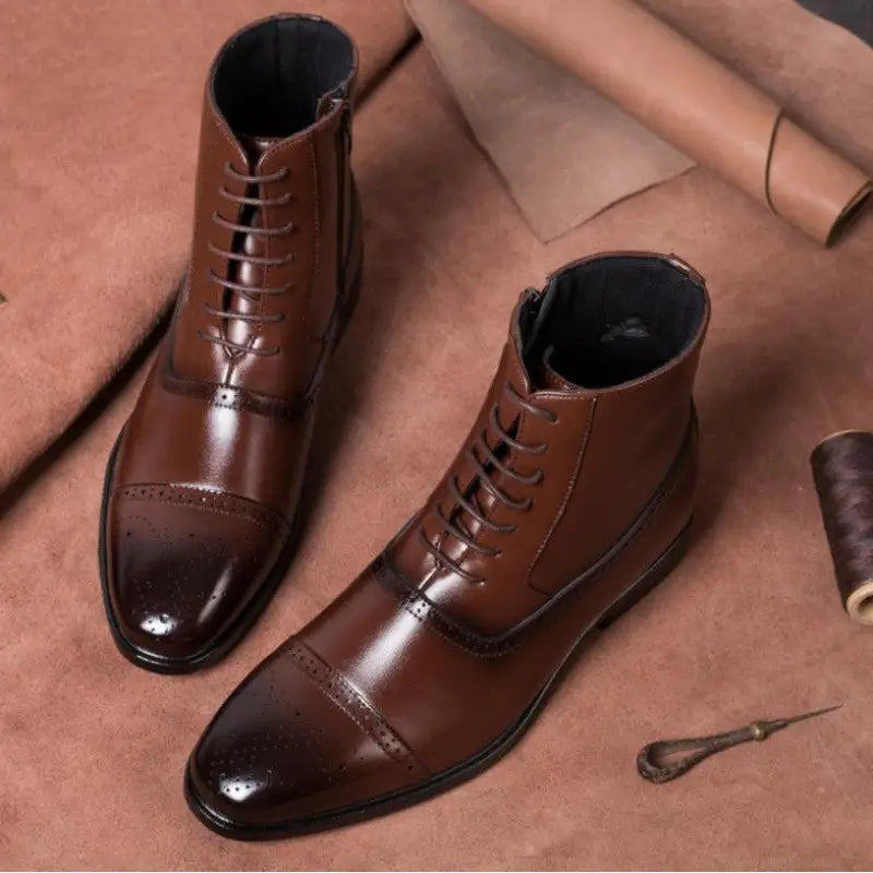 Men winter boots leather brogue plush warm shoes featuring brown leather lace-up ankle boots with a polished toe cap and brogue detailing.
