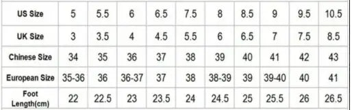 A size conversion chart displaying US, UK, Chinese, and European sizes alongside foot lengths in centimeters for women’s shearling lined leather martin boots.
