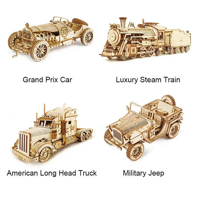 Wooden model of a luxury steam train with intricate mechanical details and natural light brown finish from the 3d wooden train puzzle diy mechanical model kit.