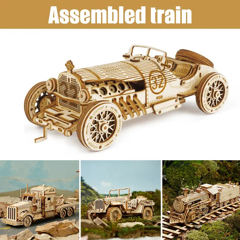 A meticulously crafted 3d wooden train puzzle diy mechanical model kit featuring a vintage race car design with intricate detailing and natural wood tones with engraved markings.