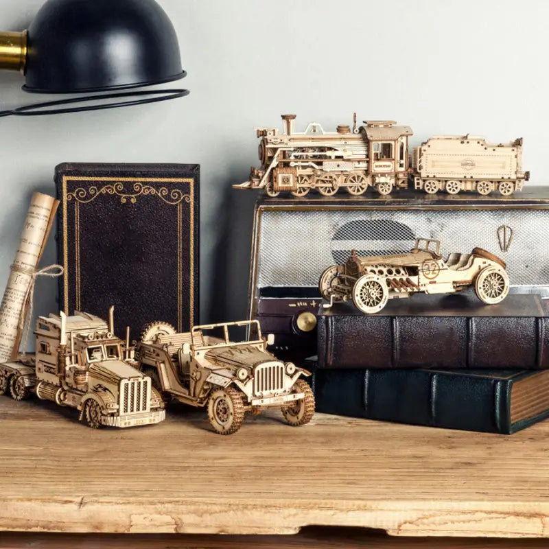 A detailed wooden model of a vintage steam locomotive with intricate cut-out details and natural wood finish from the 3d wooden train puzzle diy mechanical model kit.