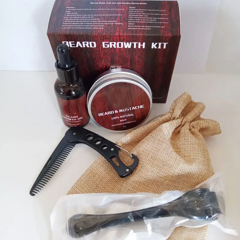 schwarzer Kunststoff-Bartwuchs-Kit-Kamm mit gebogenem Griff und mehreren kreisförmigen Aussparungen, ausgelegt für die Verwendung mit einem Bartwuchs-Kit, einschließlich eines 540-Mikronadel-Rollers und Öl.