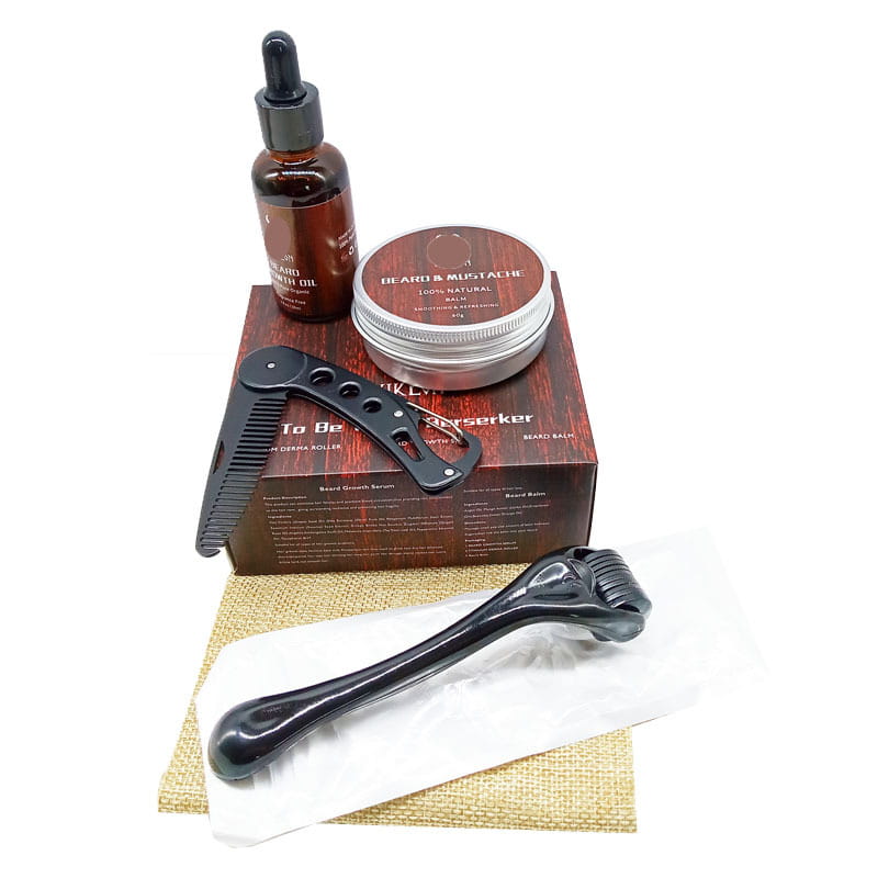 Schwarzer Kunststoff-Bartwuchs-Serum-Roller mit strukturierter Griffzone und abgerundetem Griff, von der Rückseite gezeigt, als Bestandteil eines Bartwuchs-Kits mit 540-Mikronadel-Roller und Öl