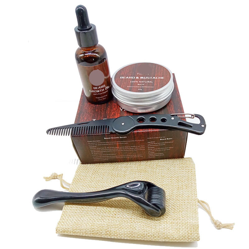 Schwarzes Kunststoff-Bartwuchsinstrument mit strukturiertem Kopf eines 540-Mikronadel-Rollers und ergonomischem Griff für eine verbesserte Bartpflege im Bartwuchs-Kit.