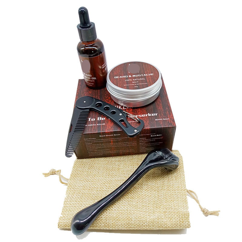 Schwarze Kunststoff-Bartwuchs-Serum-Tropfflasche mit schwarzem Verschluss und bernsteinfarbenem Glasbehälter als Bestandteil eines Bartwuchs-Kits mit 540-Mikronadel-Roller und Öl