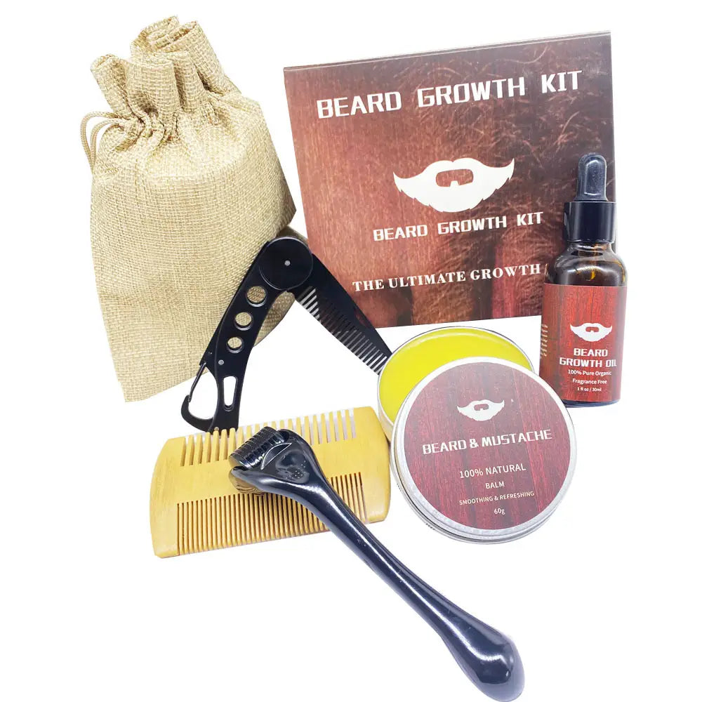Schwarzer Kunststoff-Bartwuchs-Kit-Kamm mit klappbarem Design und ergonomischem Griff zur Verwendung mit 540-Mikronadel-Roller und Öl.