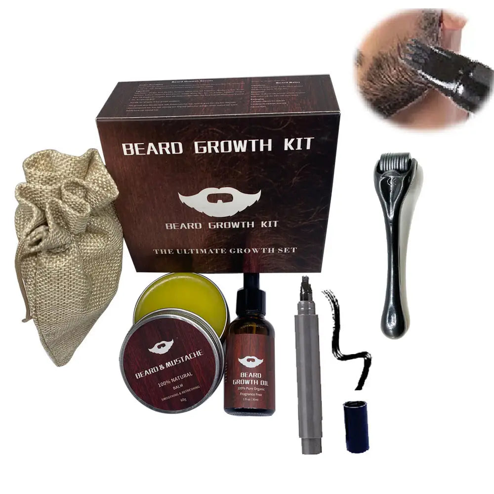 Dunkelbraune Pappschachtel für das Bartwuchs-Kit mit einem weißen Bart-Logo und Text „The ultimate growth set“ mit 540-Mikronadel-Roller und Öl zur Bartpflege und -verstärkung