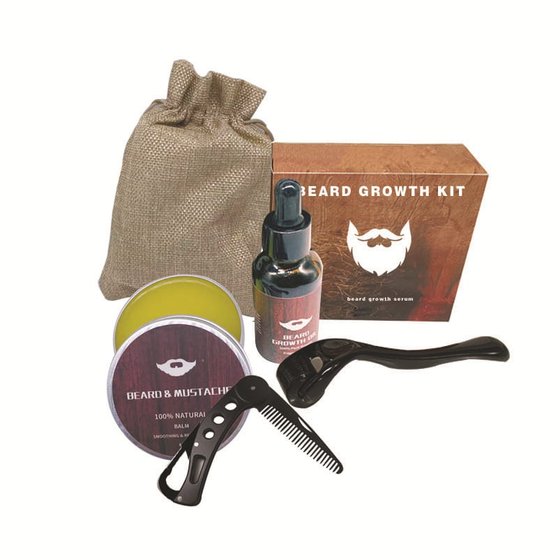 Bartwuchs-Kit mit 540-Mikronadel-Roller und Öl, bestehend aus einer braunen Pappschachtel, einem Leinensäckchen, einer schwarzen Kunststoff-Tropfflasche mit Serum, einer runden Dose natürlichen Bart- und Schnurrbartbalsams sowie einem schwarzen Kamm.