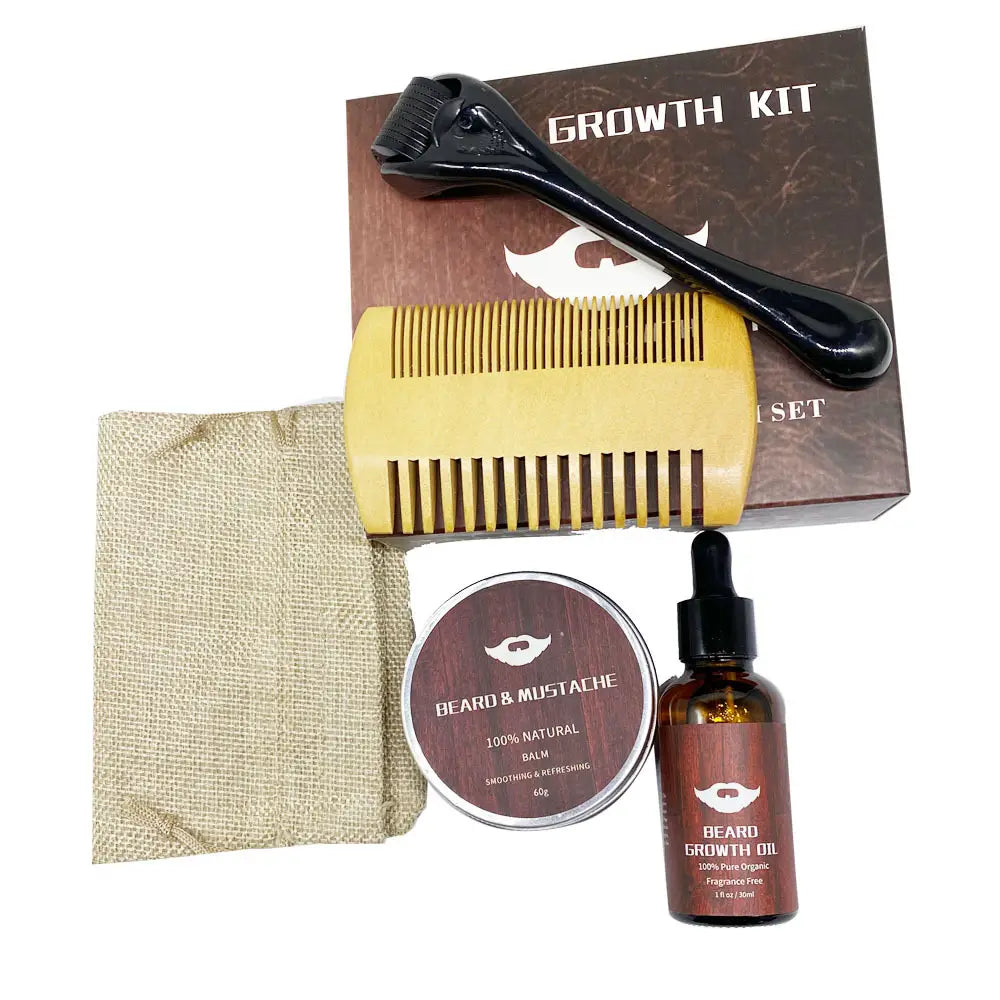 Bartwuchs-Kit mit einem schwarzen 540-Mikronadel-Derma-Roller, gelbem Holzkamm, braunem Glas Bartbalsam und bernsteinfarbener Flasche mit Bartöl zur Pflege von Gesichtsbehaarung