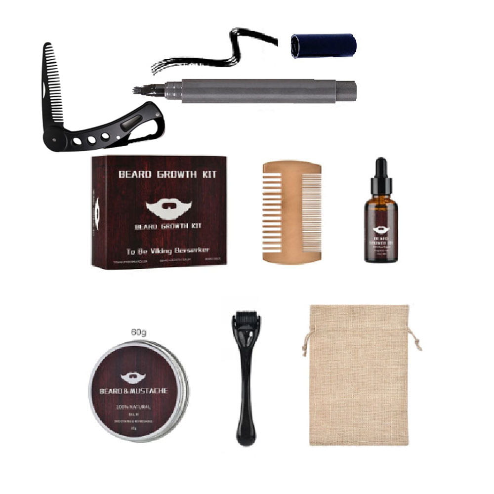 Bartwuchs-Kit, bestehend aus einem schwarzen Multi-Tool-Kamm, einem silbernen Bartstift mit dunkelblauer Kappe, einem Holzkamm, einer bernsteinfarbenen Tropfflasche, einer 60-g-Dose natürlichen Balsams mit metallischem Deckel sowie einem schwarzen 540-Mikronadel-Derma-Roller für eine verbesserte Bartpflege.