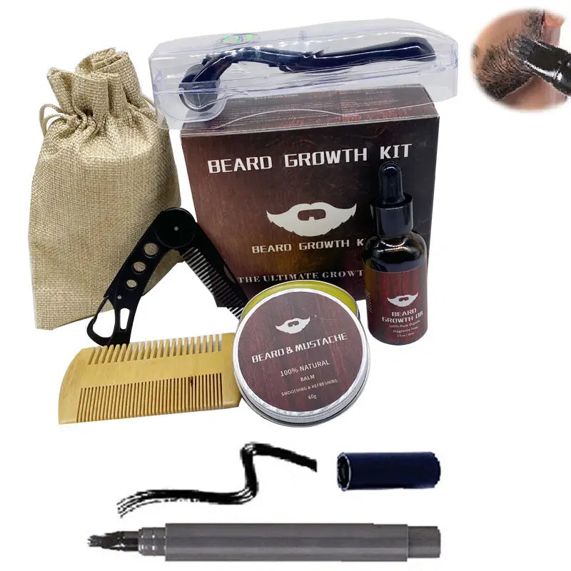 Bartwuchs-Kit mit 540-Mikronadel-Roller und Öl, bestehend aus einem Holzkamm, schwarzen Kunststoff-Pflegewerkzeugen und natürlichem Balsam in einer runden Dose.